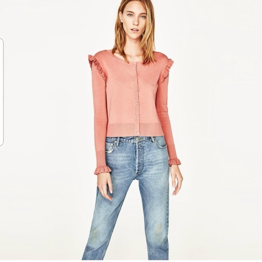 ZARA Pink Cardigan Ruffle Shoulders Button Front Large